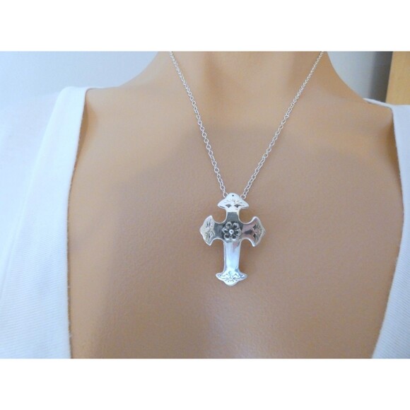 VTG Sterling Silver Hand Made Cross Pendant Mexico Signed OOAK - Picture 6 of 9